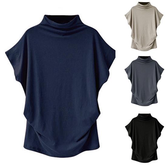 Women Plus Size Solid Color High Neck Short Sleeve T-Shirt Loose Bottoming Top