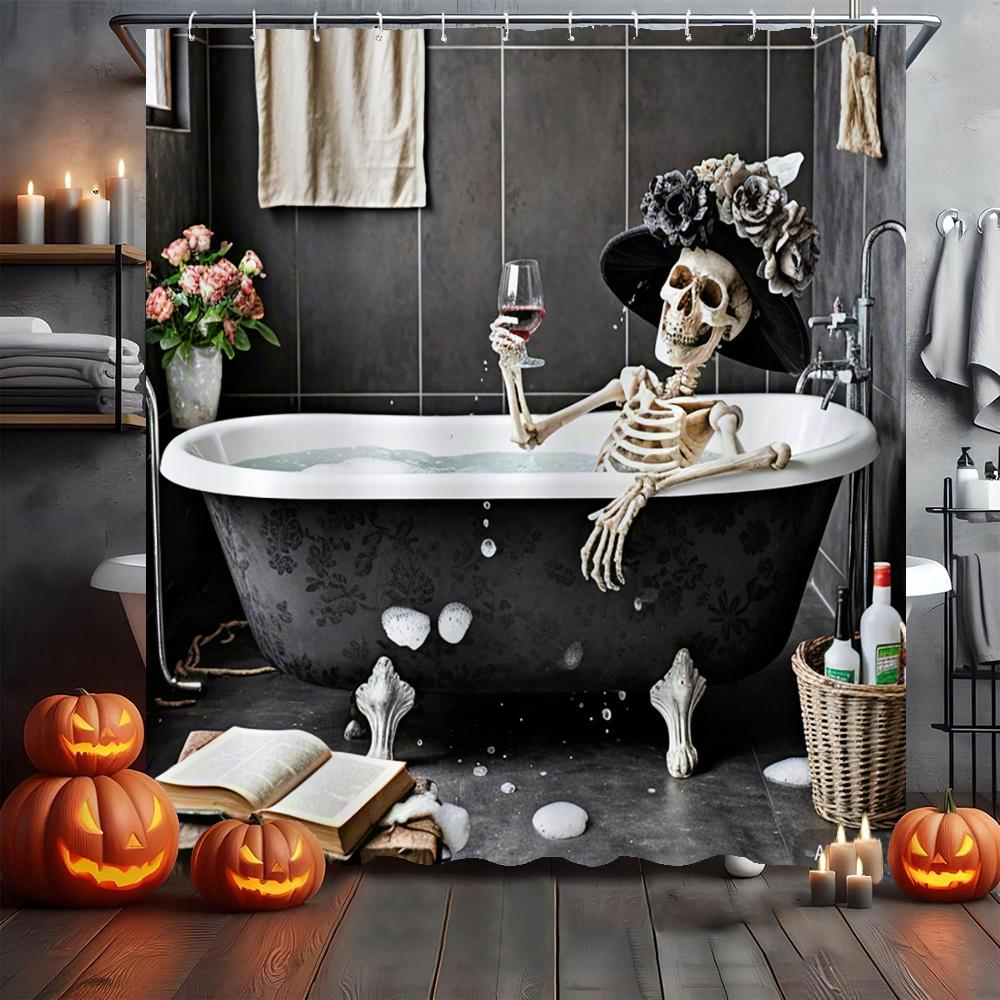 Amusing and Creative Skeleton Skull Shower Curtain Waterproof Bathroom Curtain Funny Scary Halloween Home Decorative Curtain