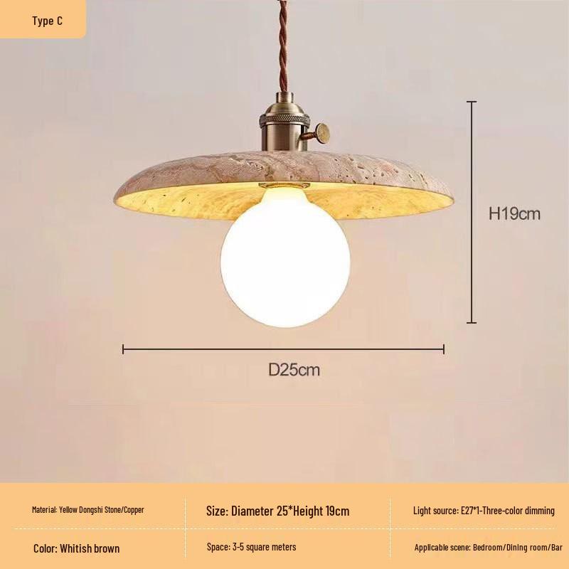 Japanese Wabi-Sabi Yellow Travertine Pendant Light, Retro Mid-Century Style for Bedroom, Homestay, or Restaurant.