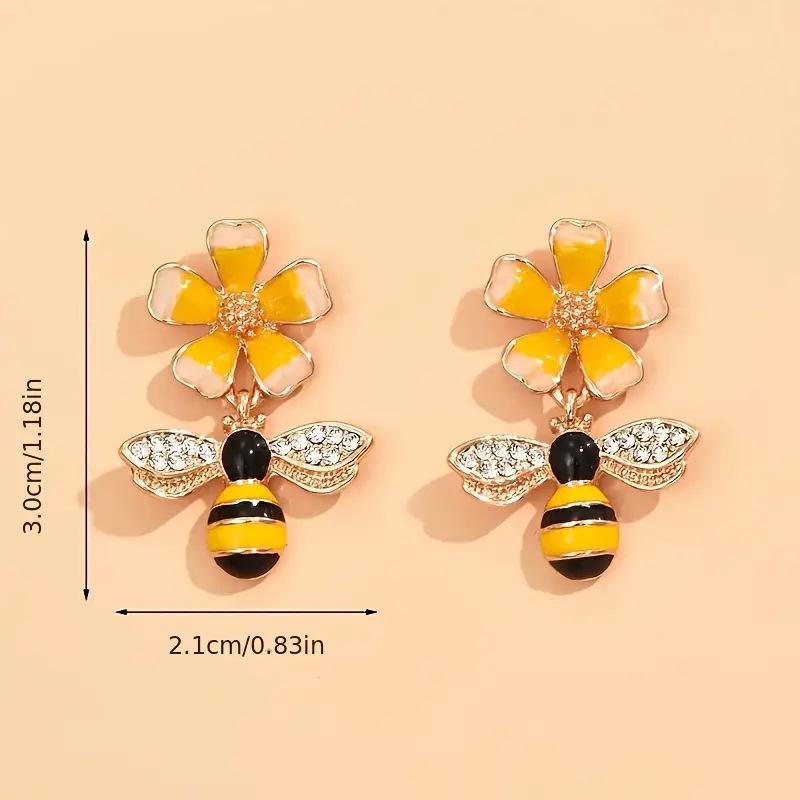 Korean Style Bee Dangle Earring For Women Fashion Creative Design Yellow Flower Drop Earrings Rhinestones Beautiful Zircon Gift