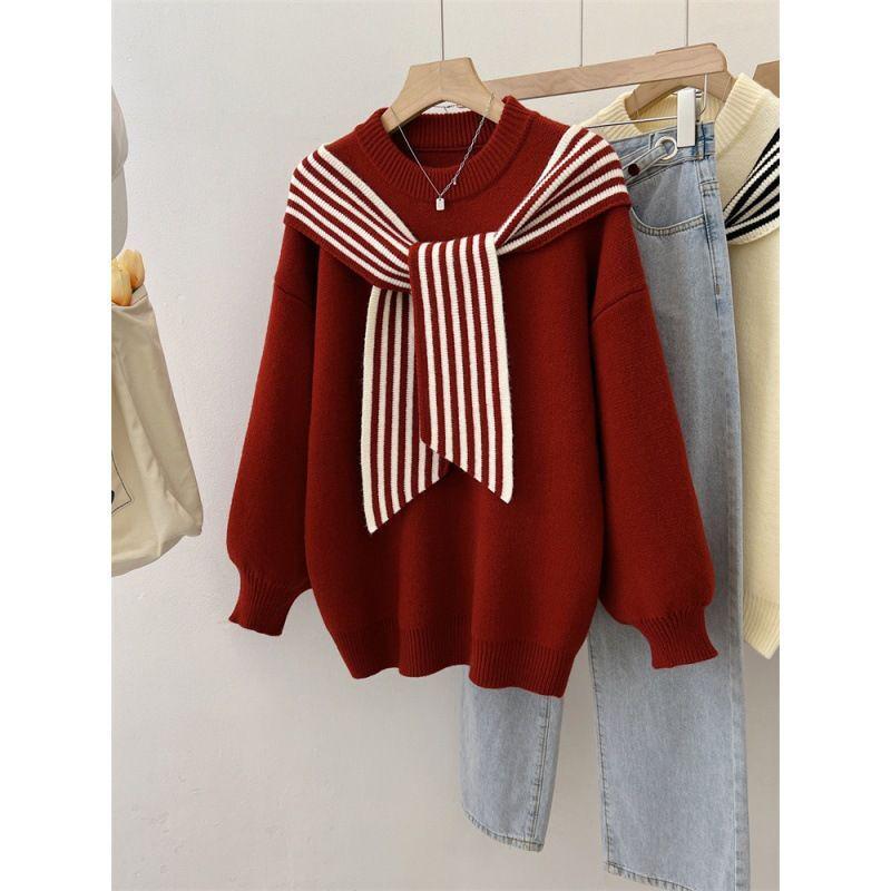 

Стильный женский фиолетовый полосатый свитер-шаль - Вязаный большого размера, имитация двух частей, Зима 2025 One size красный