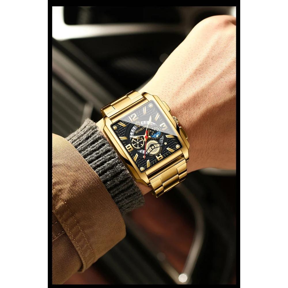 BINBOND Classic Men Watches Square Type Watch for Man Quartz Movement Stainless Steel Waterproof Luminous Date Trend Watch