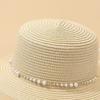 Beach Hat Wide Brim Flat Top Imitation Pearls Trim Tulle Bow Decor Straw Hat Lightweight Breathable Sun Protection Hat