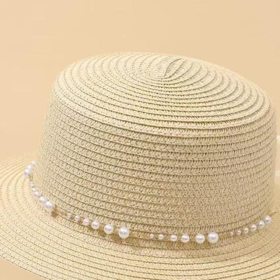 Beach Hat Wide Brim Flat Top Imitation Pearls Trim Tulle Bow Decor Straw Hat Lightweight Breathable Sun Protection Hat