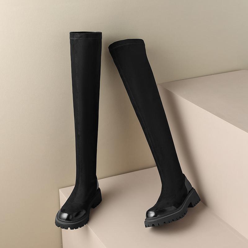 Krazing Pot Flock Autumn Winter Shoes Med Heels Size 43 Stovepipe Boots Round Toe Keep Warm Zipper Over-the-knee Boots
