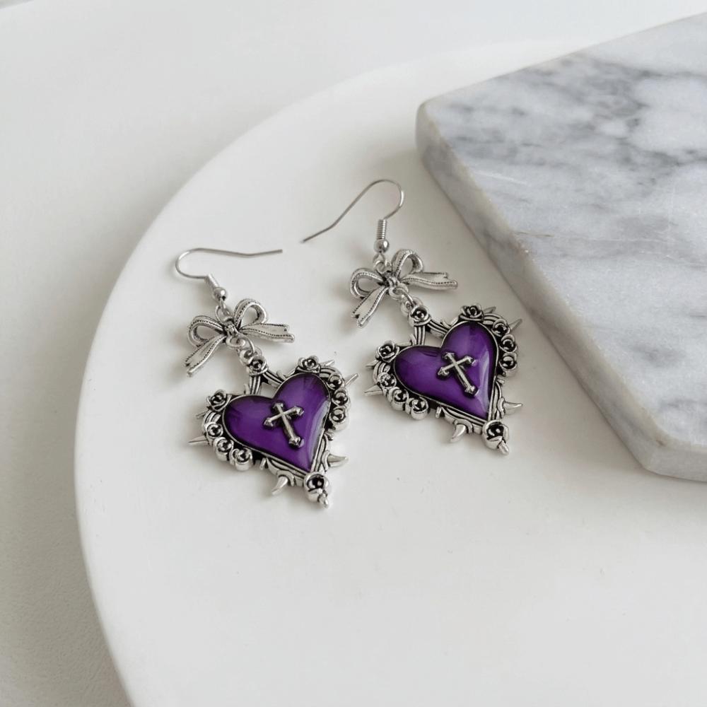 Bow Heart Cross Earrings Red Enamel Halloween Dangle Earrings Thorn Rose Drop Earrings Women