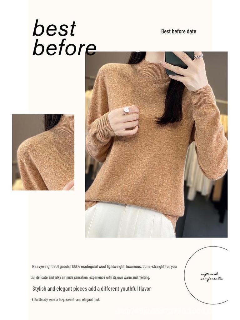 Women's 100% Wool Long-Sleeve Half-High Neck Sweater - Loose Fit, Ideal for Autumn/Winter