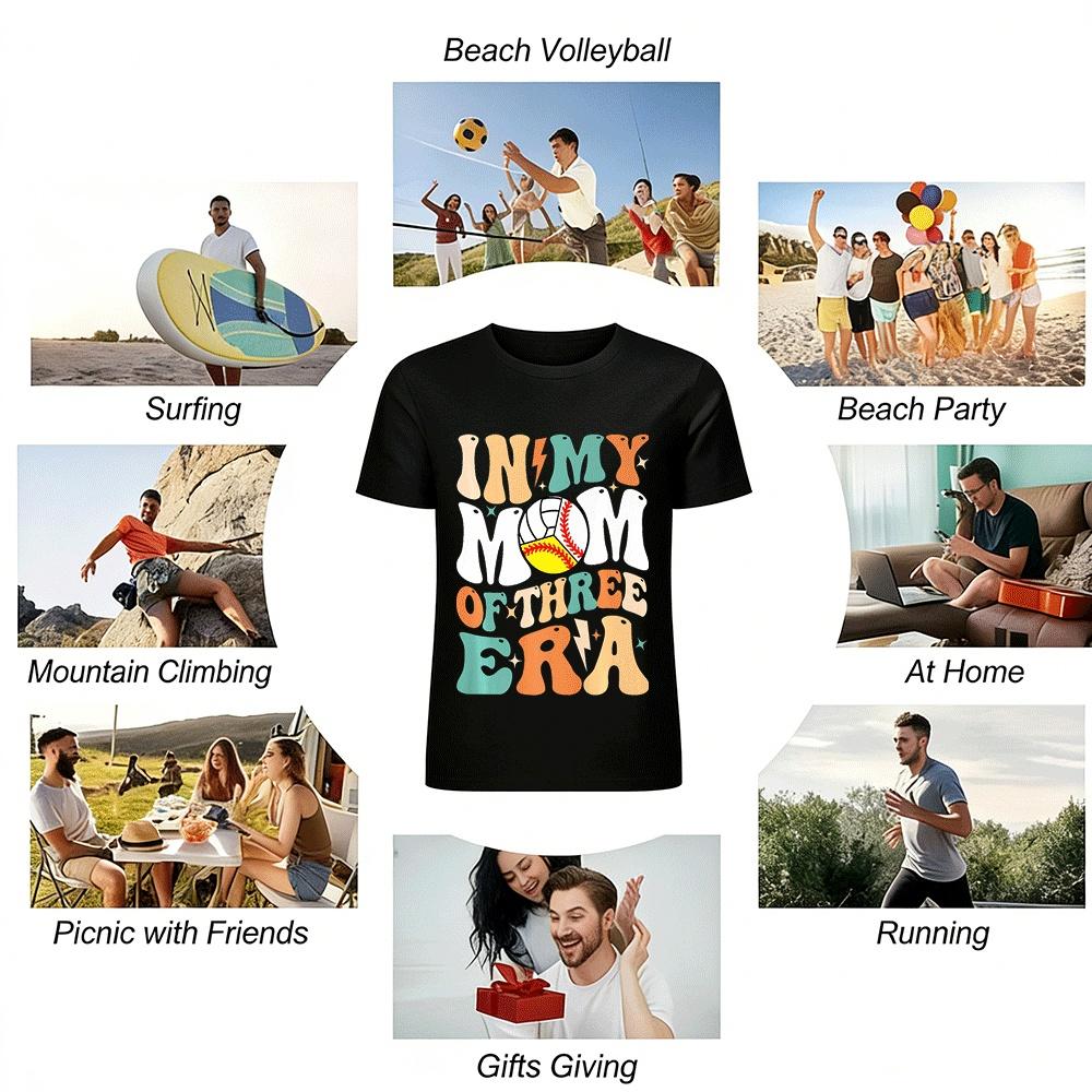 In My Mom Of Three Era Volleyball Baseball Softball Graphic Tee Pure Cotton T-shirt