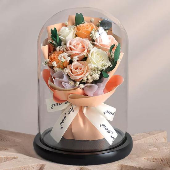 Artificial Rose Bouquet with LED Light Glass Dome Cover Eternal Flower Decoration Women Wife Girlfriend Anniversary Valentine's Day Mother's Day Gift