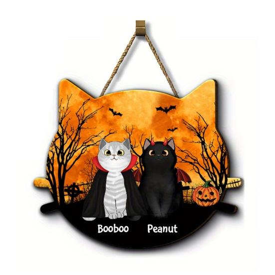 Yousheng Halloween Hanging Door Sign, Cute Cat Hanging Sign, Wooden Front Door Hanger with Hemp Rope for Porch Wall Indoor Home