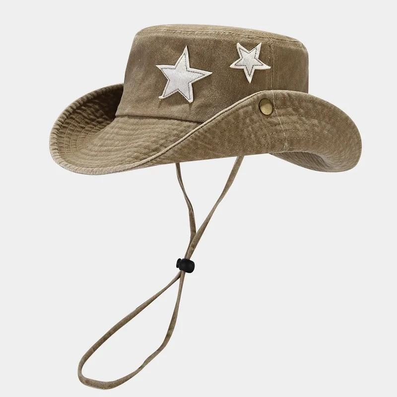 Pink Washed Denim Bucket Hats Women Girl Summer Shade Wide Brim Boonie Hat White Stars Patch Foldable Western Cowboy Camping Cap