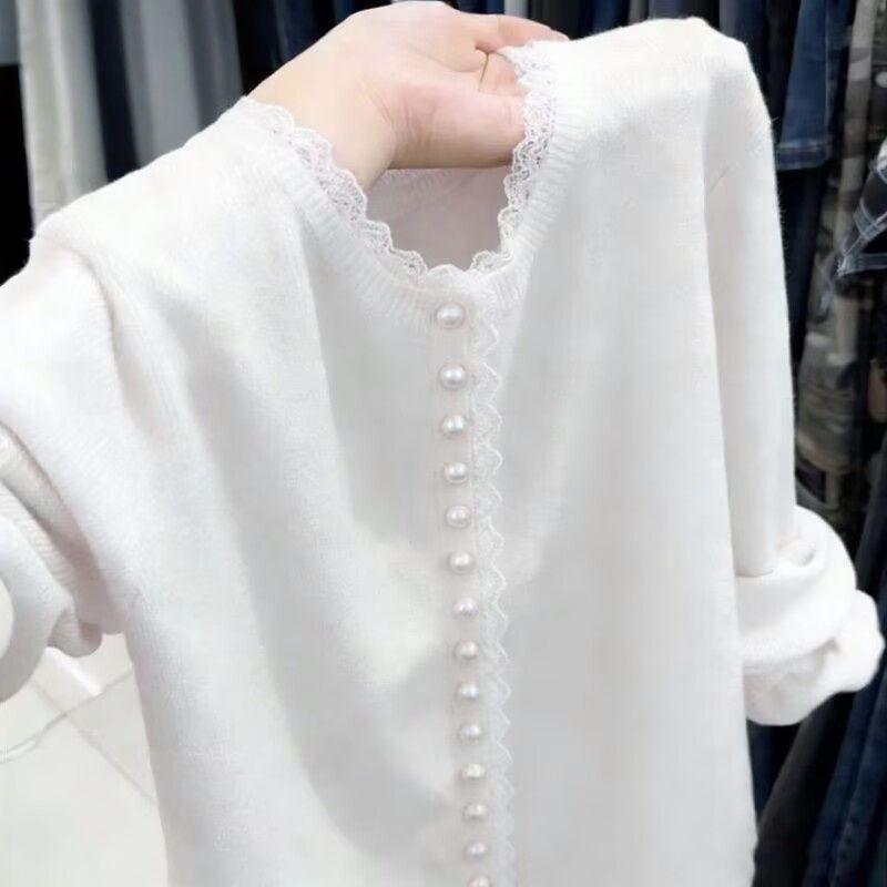 2026 Womens Soft Knit Sweater With Lace Trim Collar Loose Fit Elegant Pullover In Multiple Colors