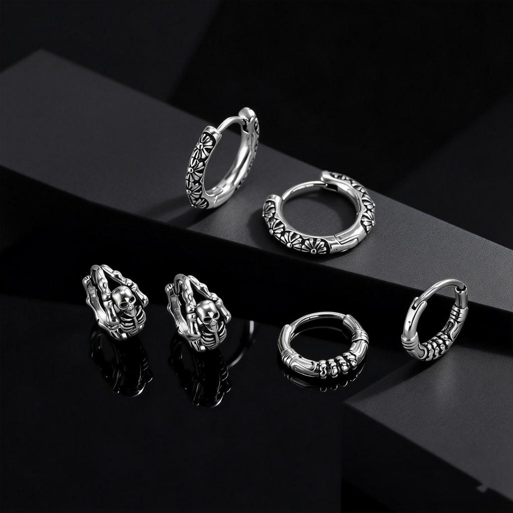 Multi Style Fashion Stainless Steel Hoop Earrings, Vintage Sword Star Geometric Pendant Men's Earrings, Hip Hop Piercing Jewelry