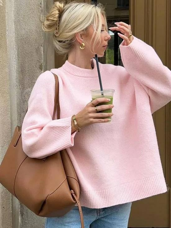 2023 Autumn/Winter Solid Color Loose Round Neck Sweater