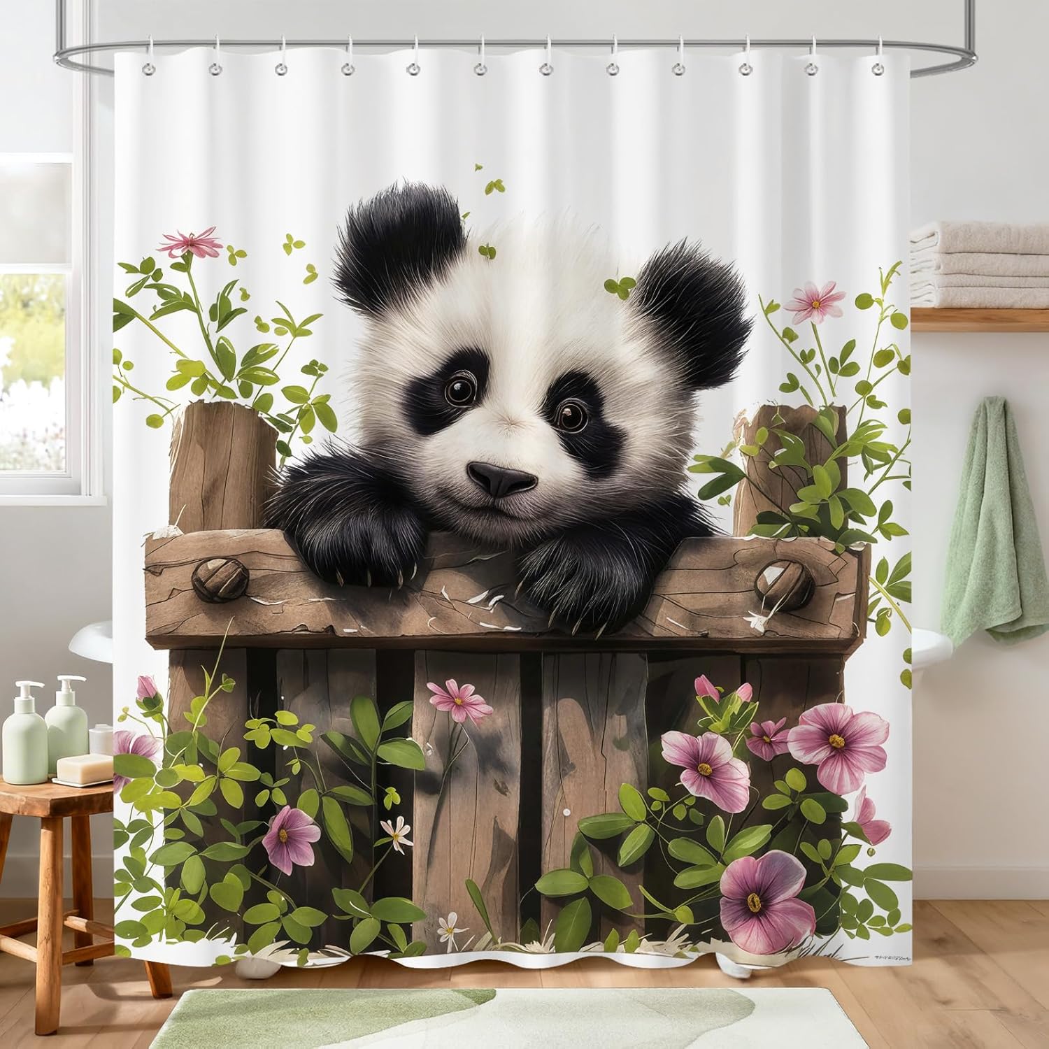 Cute Panda Shower Curtain,Funny Farmhouse Panda Chinese Animal Floral Leaves Waterproof Polyester Fabric Bathroom Curtain with 90x180CM