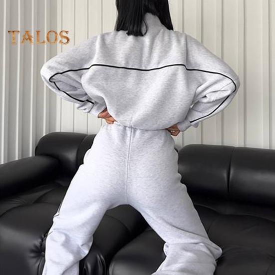 2 Teile/satz Damen Mantel Hosenanzug Halbhoher Kragen Reißverschluss Langarm Oberteil Elastische Taille Weite Beintaschen Hose Winter Alltagskleidung Trainingsanzug