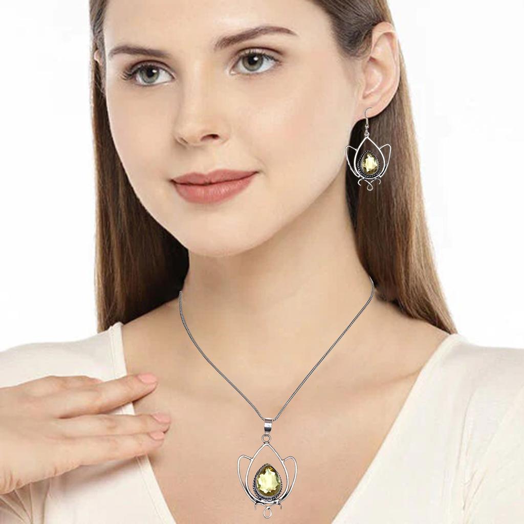 Lemon Topaz Gemstone Mother's Day Jewelry Pendant Earring Set