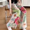 Summer Women's Cotton Rayon Loose Fit Soft Homewear Ankle-Length Wide Leg Floral Printed Lounge Pants