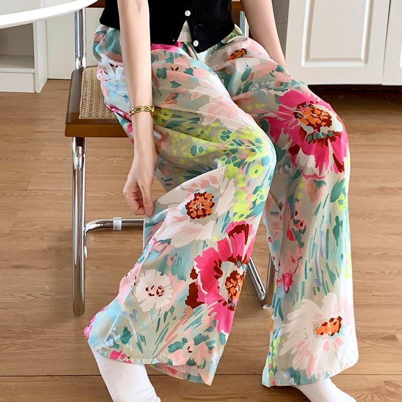 Summer Women's Cotton Rayon Loose Fit Soft Homewear Ankle-Length Wide Leg Floral Printed Lounge Pants