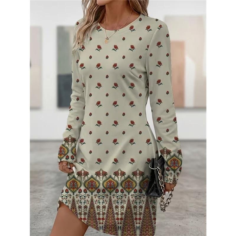 Spring Autumn Women Dress Casual Long Sleeve O-neck 3D Print Loose A-Line Dress Oversized Home Wear Robe