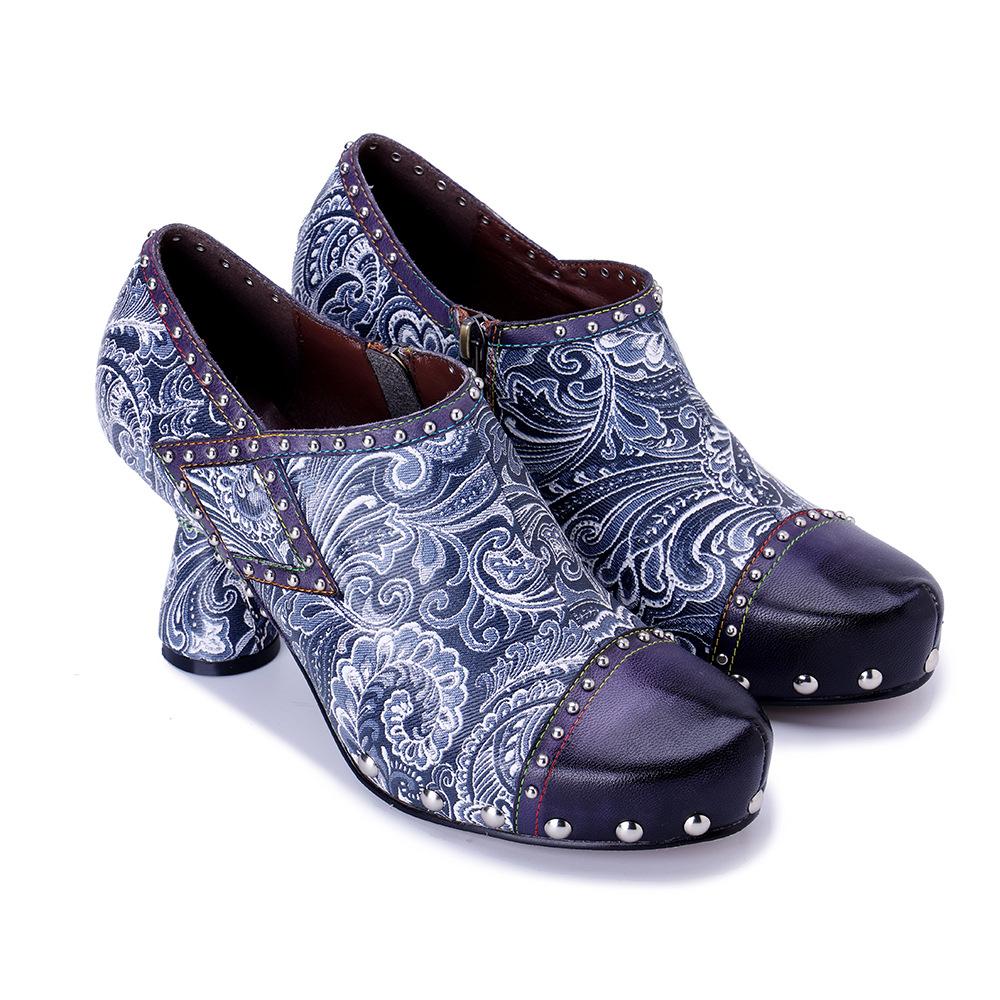 Johnature 2025 Autumn/Winter New Handmade Genuine Leather Splicing Printed Rivet Fashion Women's High Heels