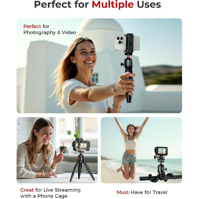 Phone Tripod with Wireless Remote, Mini Stand Compatible with Cell Phones, Cameras