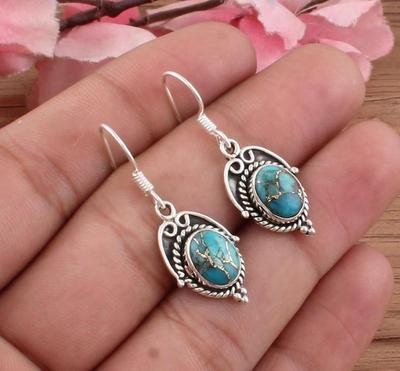 Boucles d'oreilles pendantes en argent sterling massif 925 avec pierre gemme Turquoise Cuivre Bleu Style Bohème Designer Cadeau Pour Elle