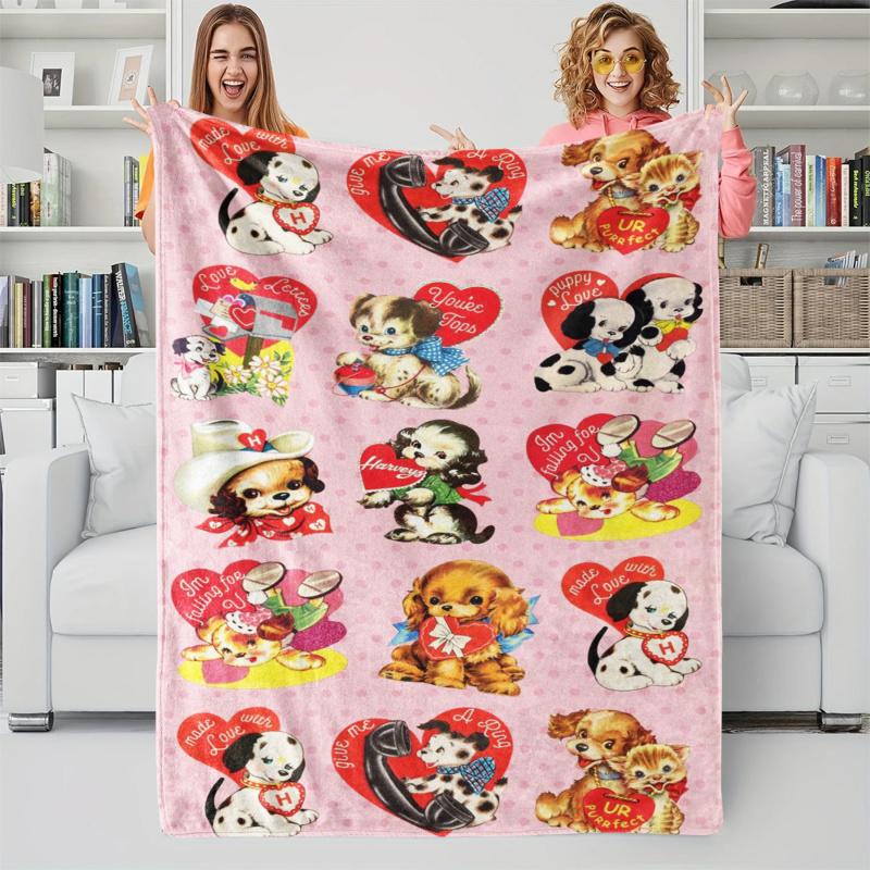 Vintage Retro Puppy Dog Love Heart Flannel Blanket Soft Plush Throw Blanket for Valentine's Day Home Decor