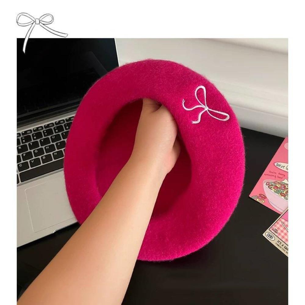 Bowknot Embroidery Literary Painter Hat Wool Blend Women Beanies Cap Sweet Women Beret