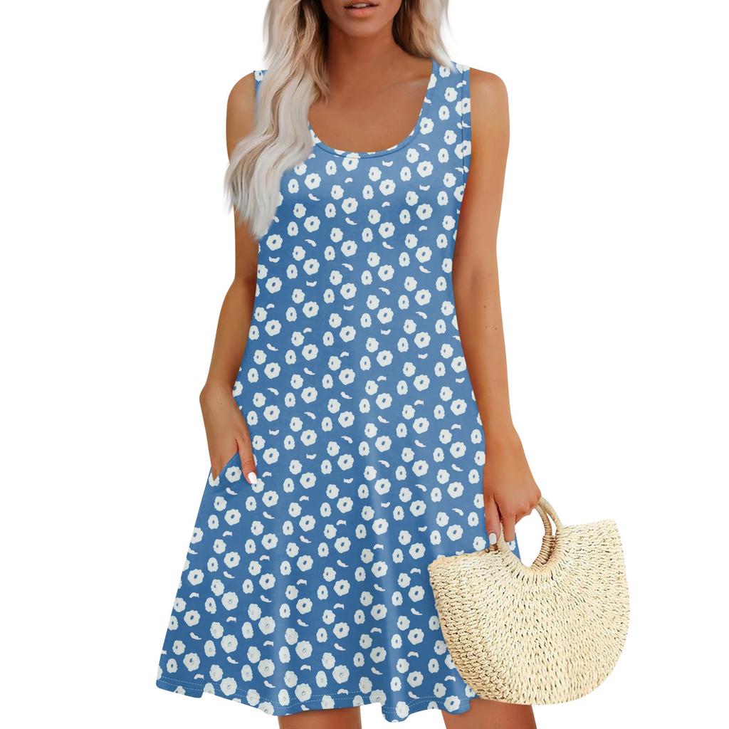 Women's Summer Floral High Waist Bohemian Dress Casual Hawaiian Flowing V Neck Holiday Dress