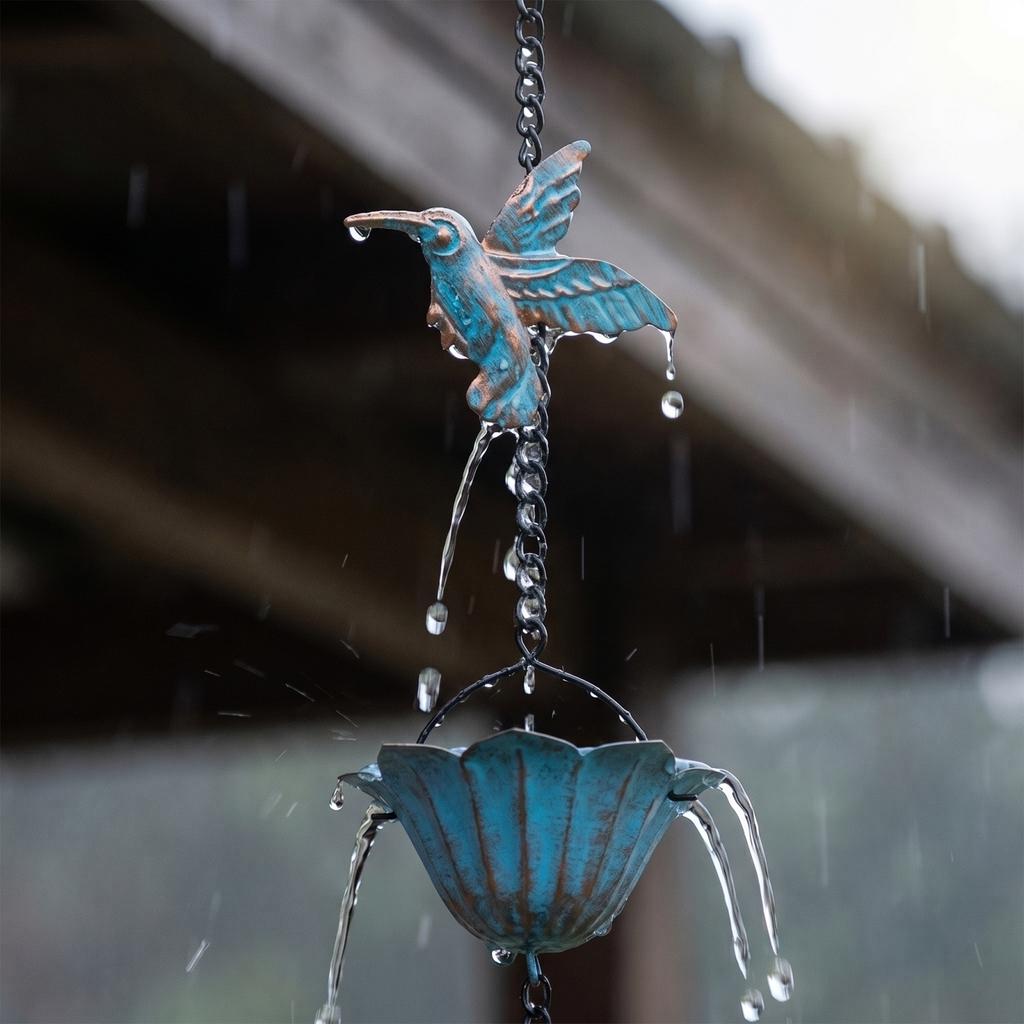 Metal Rain Chain with Hummingbird and Flower Cup Design for Outdoor Gutter Water Drainage and Decorative Use Durable Weather Resistant