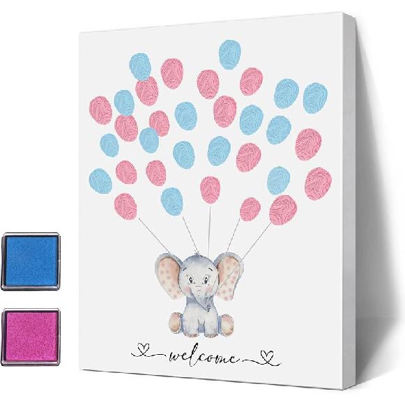 Gender Reveal Fingerprint Tree with Safari Animals, Baby Shower Guest Book Party Ideas, Gender Reveal Party Ideas, Gender Reveal Keepsake, Canvas 001