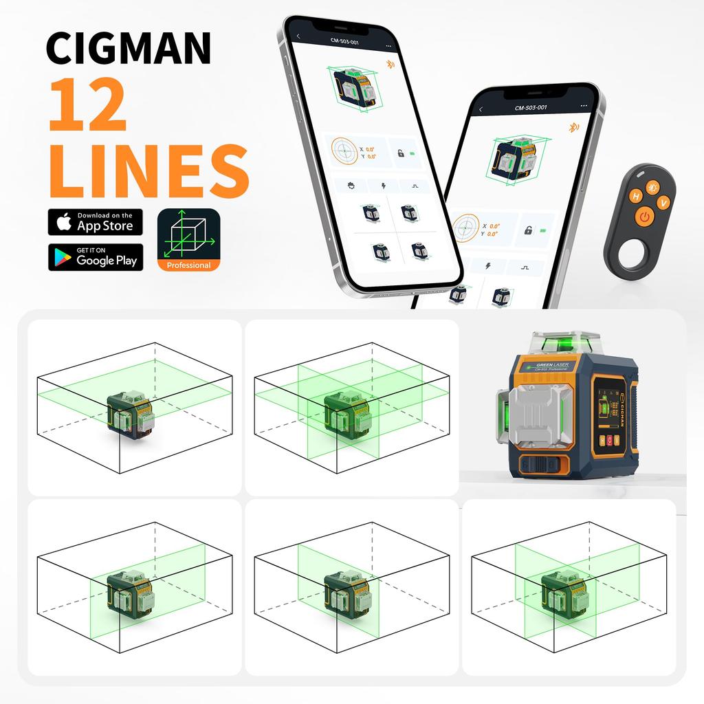 CIGMAN 3D Laser 12 High Precision Color App Suitable for Outdoor and Interior Construction Level, Lines, ±1.5mm/5m, 2-Inch LCD, Compatible, USB-C