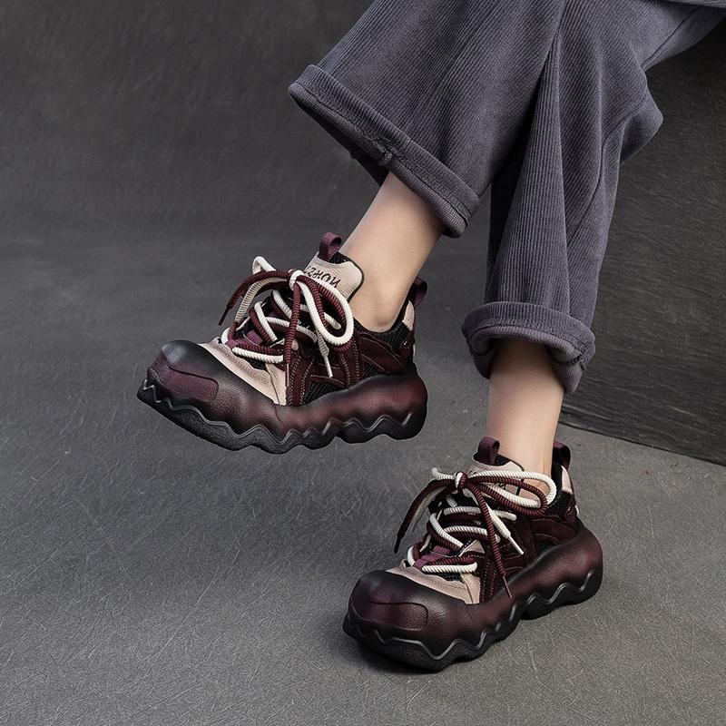 Fashion GKTINOO Sneakers Women Genuine Leather Thick Soled Big Toe Lace-Up Spring Autumn Lady Casual Flat Shoes Handmade Women Shoes