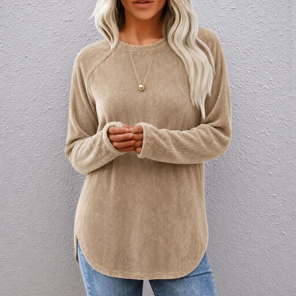 Women's Color Neck Long Sleeve Basic Pullover Top Retro