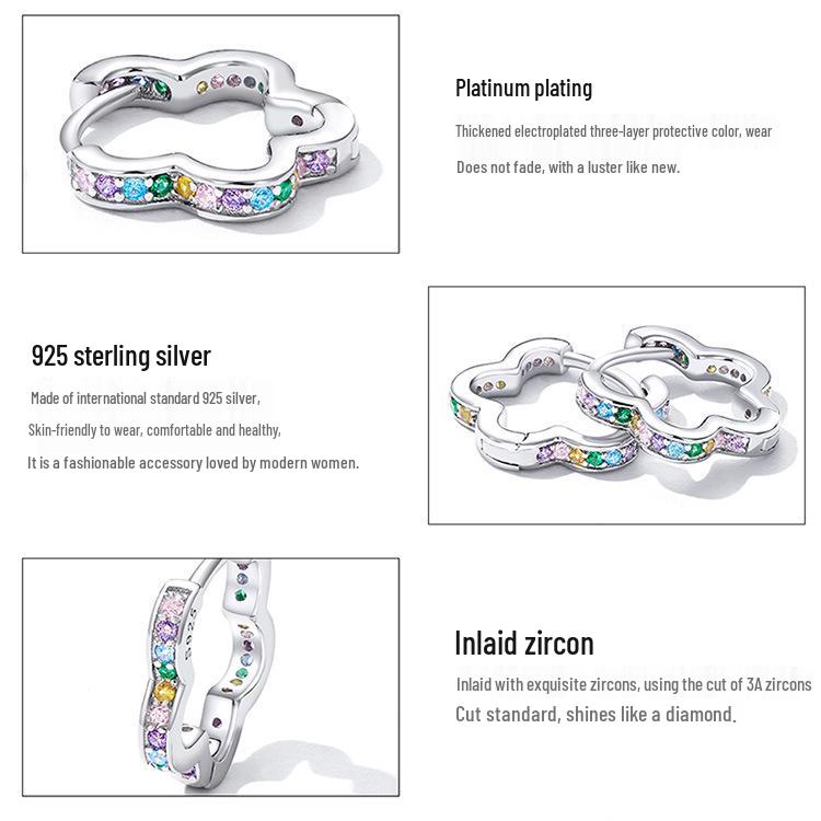 Avle Sterling Silver S925 Platinum-Plated Wreath Earrings with Colored Zircon Hollow Flowers, Model BSE612.