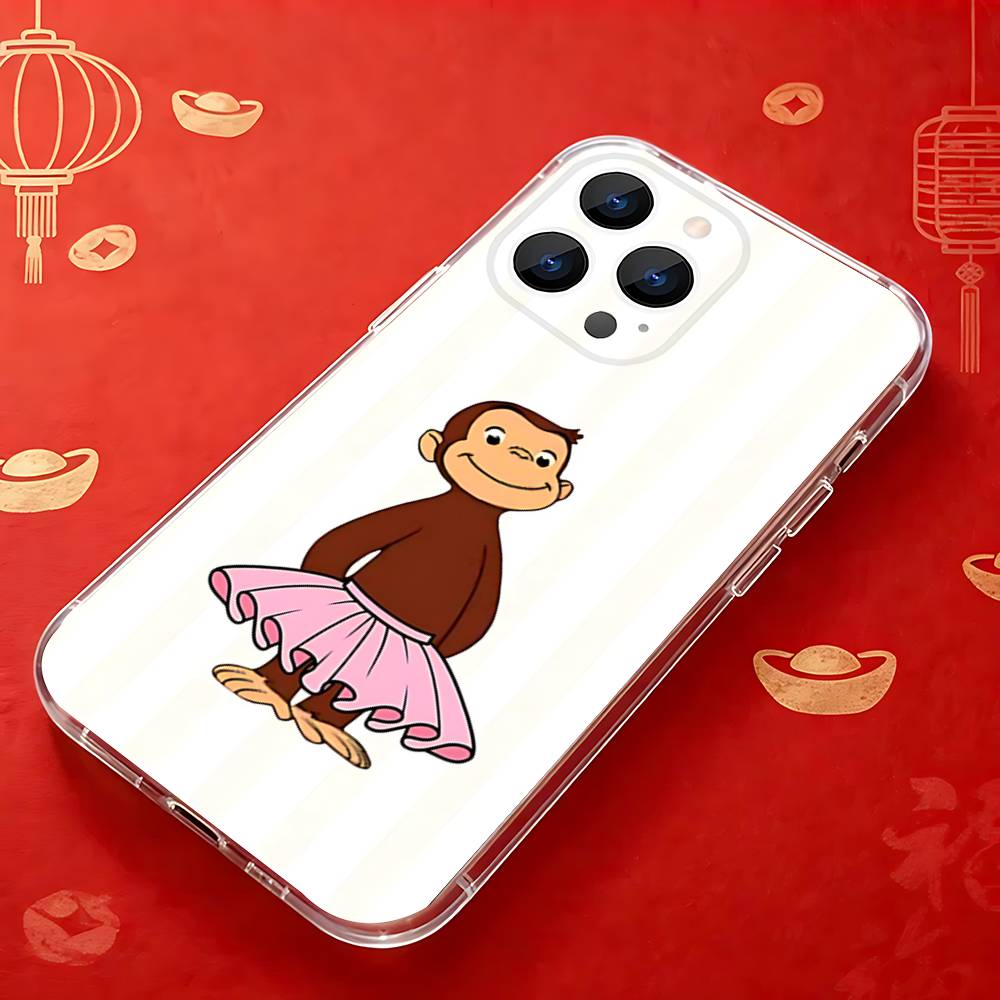 Custodia per Telefono Curioso Scimpanzé George Per iPhone 17,16,15,14,13,12,11 Pro,Max,Plus,X,XS,XR,SE4,E Mini Trasparente Morbida
