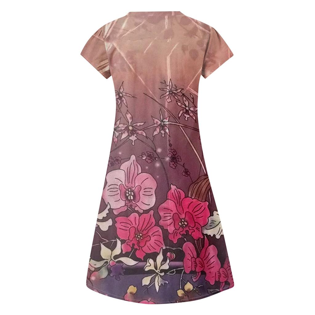 Women's Summer V-neck Short Sleeve Printed Cotton And Linen Dress