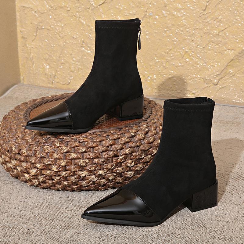 Mote Høst Vintage Slankende Dame Ankelstøvletter Damer Konsise Spisse Lav Hæl Korte Botas Zapatos De Mujer