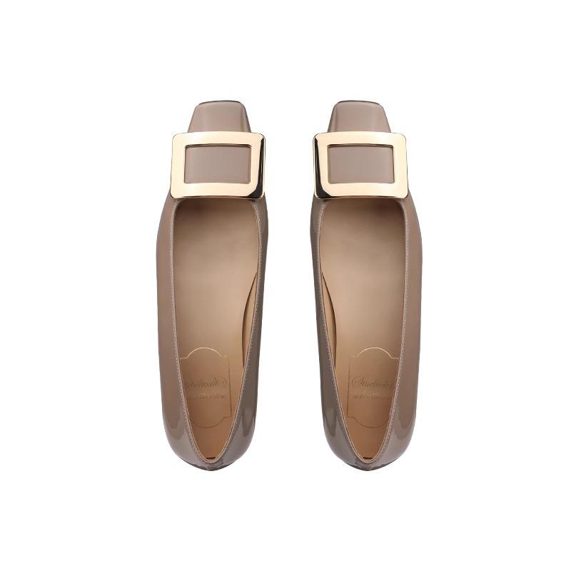 Cowhide Version~ Elegant Metal Square Buckle Thick Heel Shallow Mouth Square Head Flat Sole Shoes Women's Spring and Autumn