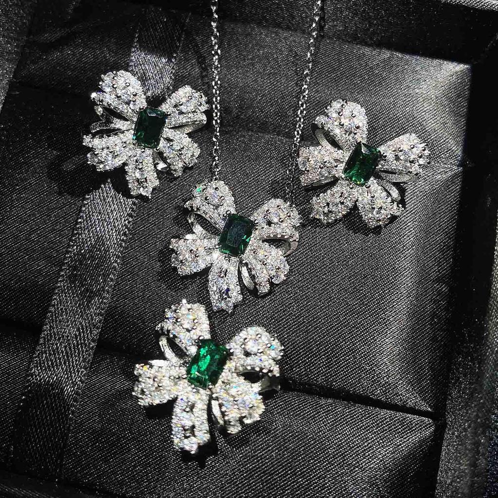 Recommended High Jewelry Butterfly Set: Faux Emerald Bow Necklace, Ring & Stud Earrings