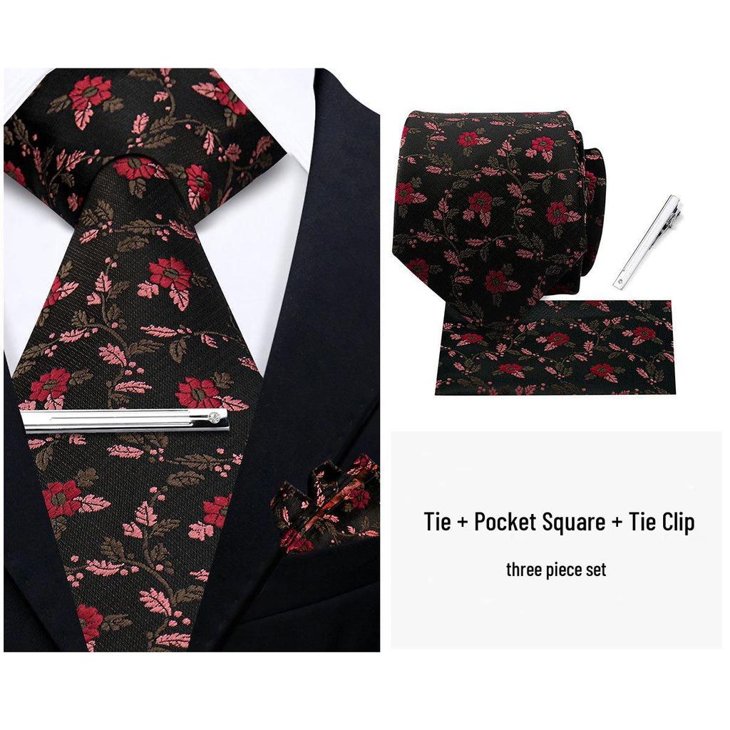 Men's Retro Floral Tie, Pocket Square & Tie Clip Set for Weddings