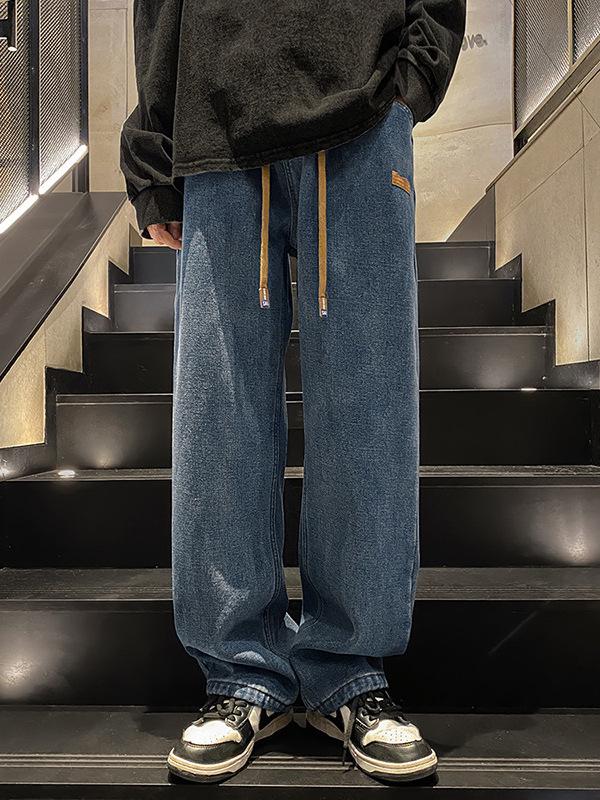 Jeans da uomo alla moda, versatili, con coulisse: Pantaloni Casual High-Street Larghi Dritti a Gamba Larga Primavera e Autunno