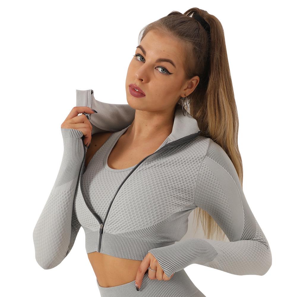 Women's Striped Long Sleeve Yoga Suit - Quick Dry Colorblock Jacket & Crop Top
