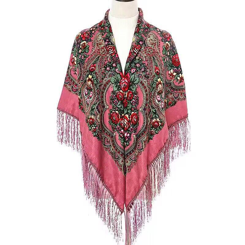 Women's Russian Print Large Silk Shawl Scarf with Fringe, Perfect for Skirts and Qipao, Yunnan Tourism Wear