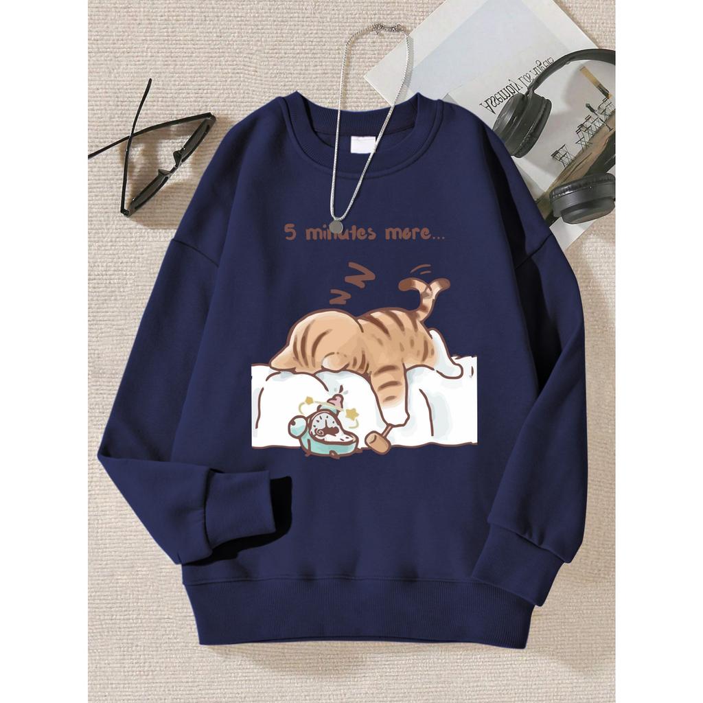 The Cat That Always Wants To Sleep Pattern Printed Hooded Women Simple Warm Autumn Sweatshirt Street Casual Pullovers