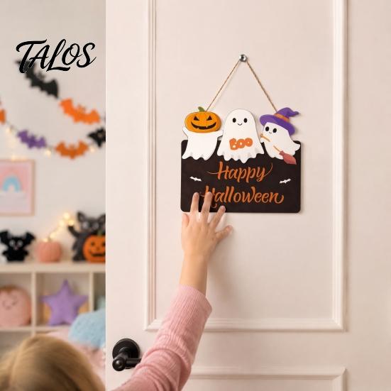 Spooky Theme Venue Decor Halloween Ghost Door Sign, Cute Ghosts Wooden Hanging Wreath, Rustic Happy Creative Party Backdrop Welcome Sign for Home Wall
