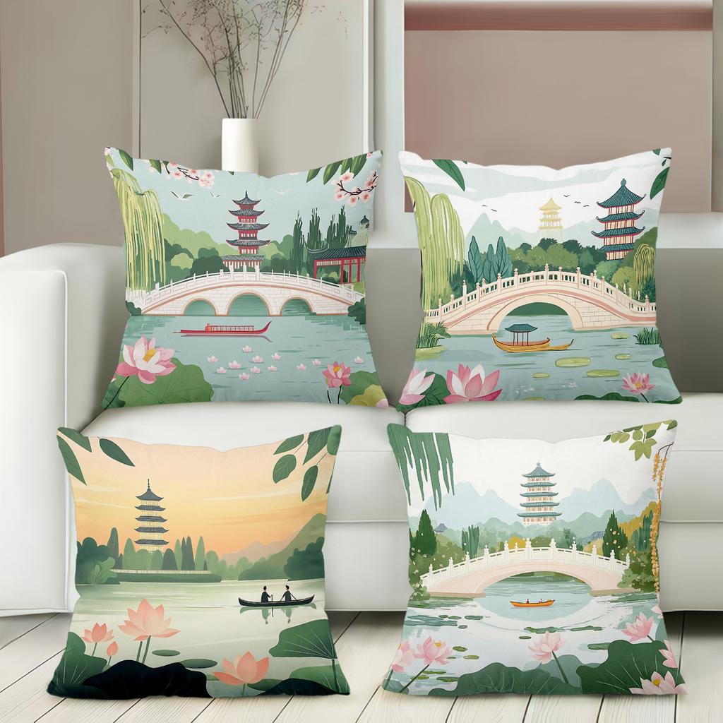 Chinese Style Landscape Printed Decorative Throw Pillows Polyester pillowcase, sofa decorative cushion cov Headboard Pillow