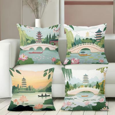 Chinese Style Landscape Printed Decorative Throw Pillows Polyester Pillowcase, Sofa Decorative Cushion Cov Headboard Pillow