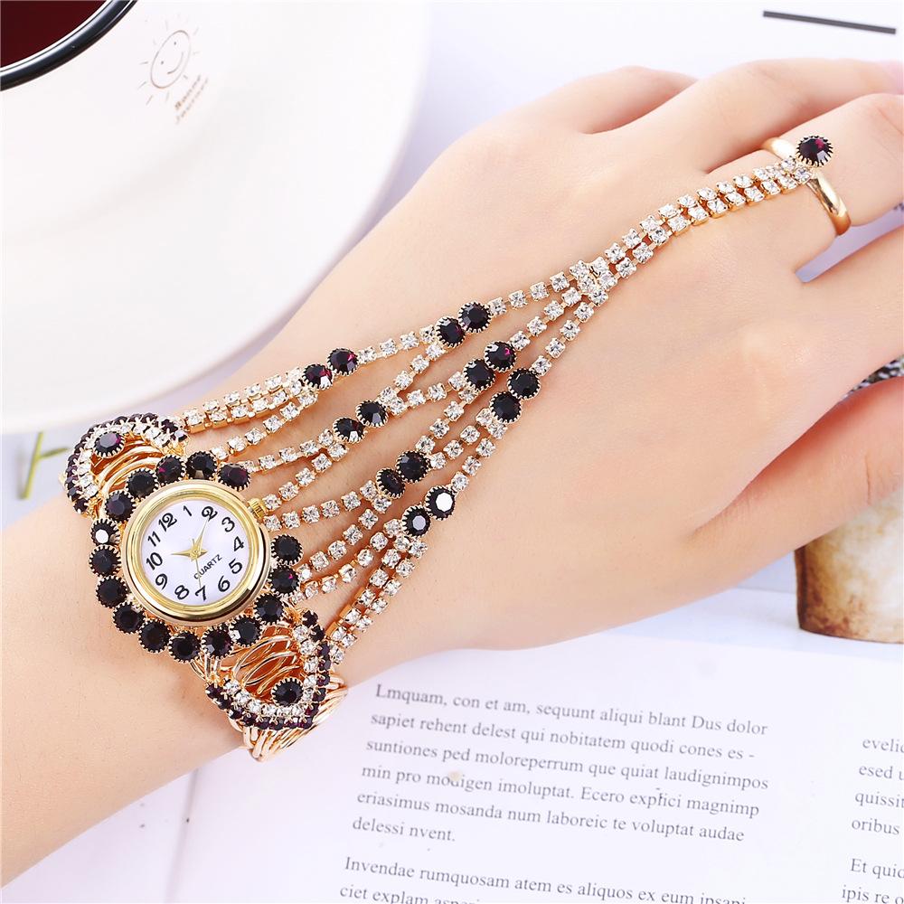 Ladies Quartz Wristwatch with Finger Ring Women  Bracelet Vintage Bangle Rhinestone Watch
